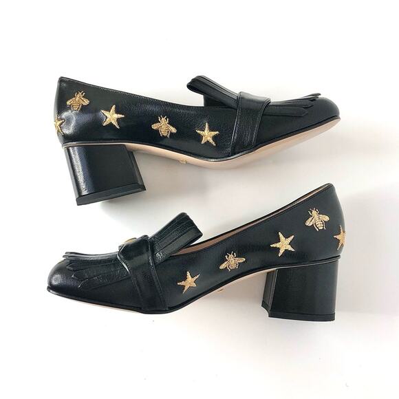 Gucci GG Marmont Fringe Quentin Bee Embroidered Platform Heeled Loafers Pumps 37 - Picture 5 of 9